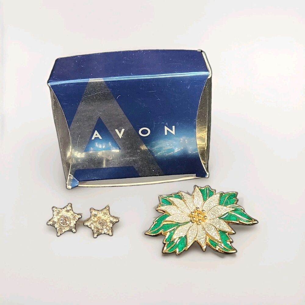 Convertible Rhinestone Snowflake Stud Earrings Poinsettia Brooch Avon Christmas